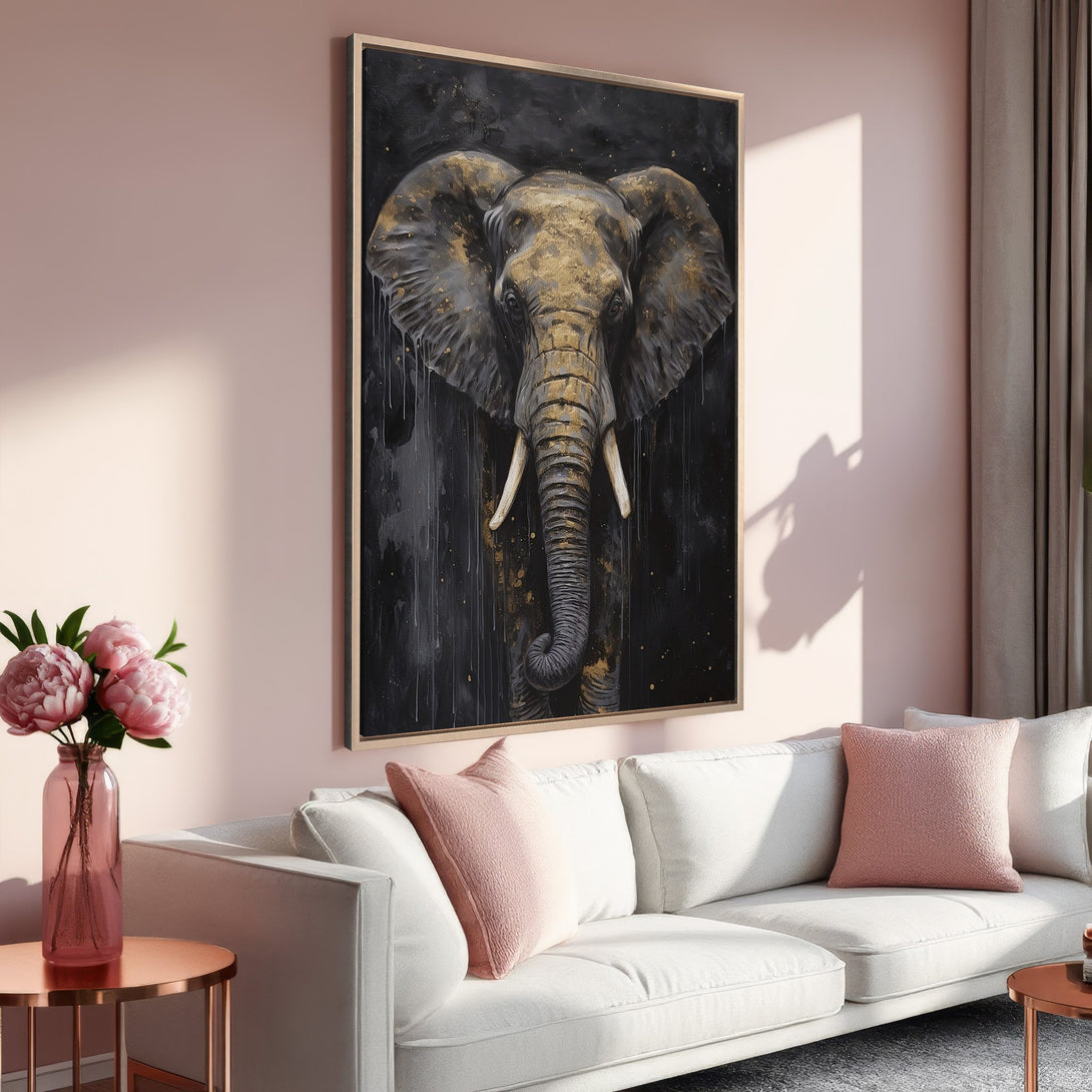 Framed Wall Art: Dramatic elephant portrait in black and gold. Adds a touch of luxury to any space. Modern art with a blush pink and neutral color palette.