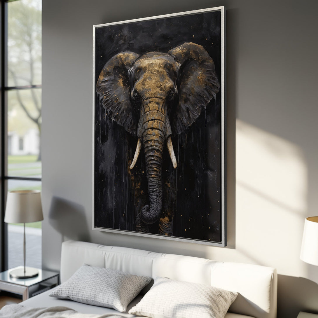 Framed Wall Art featuring an elegant elephant portrait in black and gold. Modern art canvas print adds a touch of luxury to any interior design.