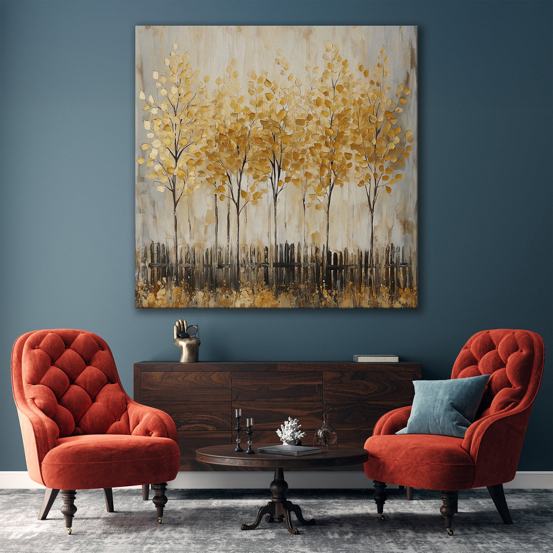 Framed Wall Art featuring a golden tree landscape. Modern abstract style with a warm, neutral color palette, perfect for living room decor.