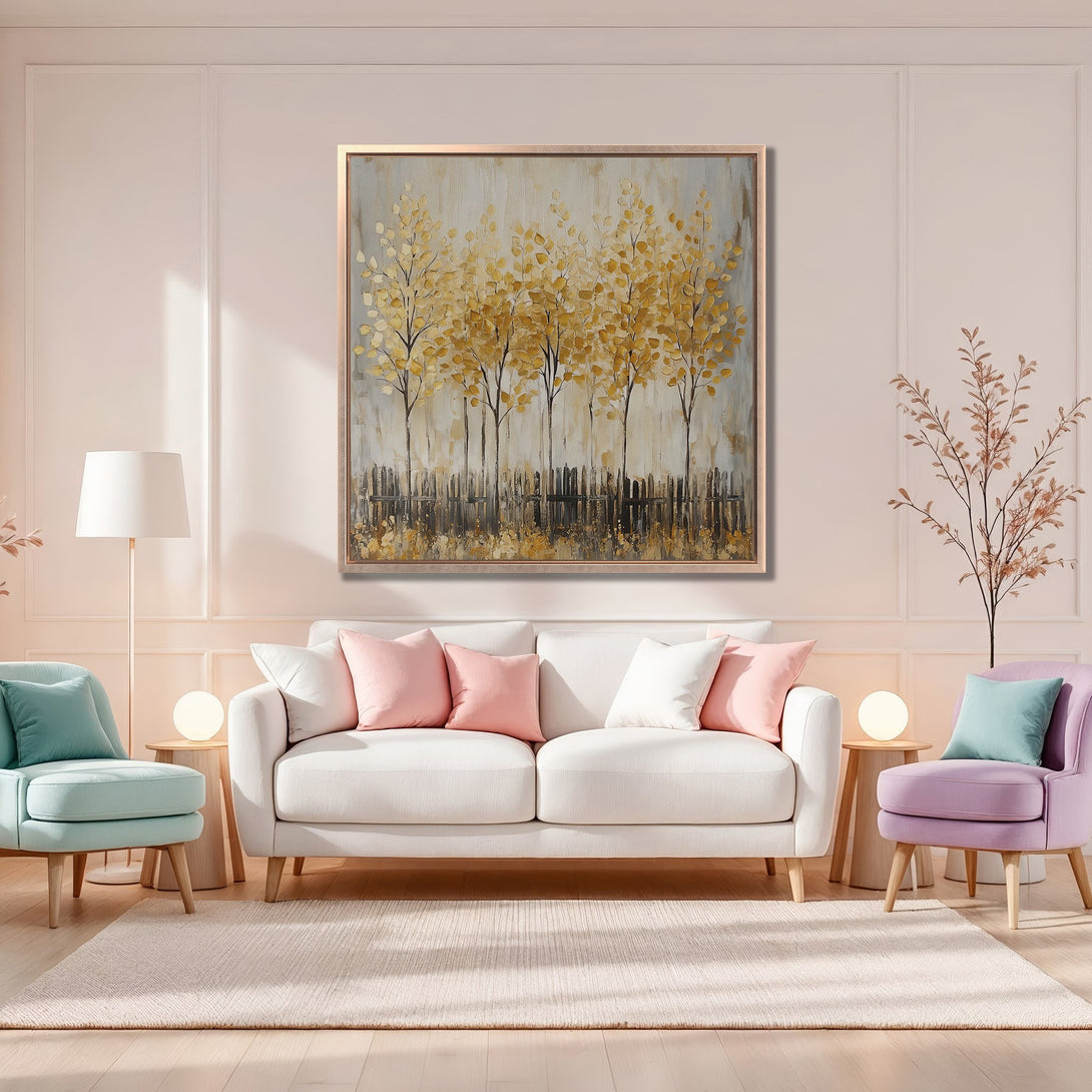 Framed Wall Art: Abstract tree art in warm gold & gray tones. Modern Canvas Print adds a touch of elegance to any living room. Shop now!