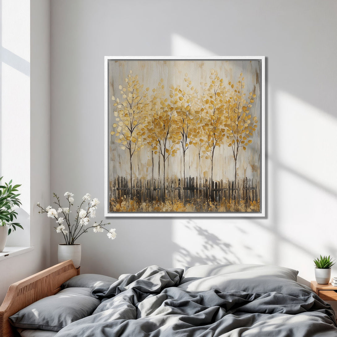 Framed Wall Art: Abstract tree art in warm yellow & gray tones. Modern canvas print adds a touch of nature to any bedroom decor. Shop now!
