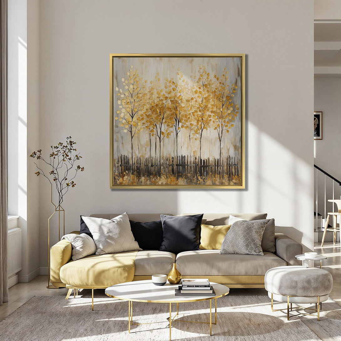 Canvas Print: Abstract tree art in gold and brown tones. Modern wall decor perfect for living room or bedroom. Adds warmth and style.