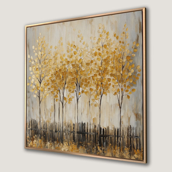 Framed Wall Art: Abstract landscape painting with golden trees and a fence. Neutral color palette for a touch of elegance. Perfect for any room!