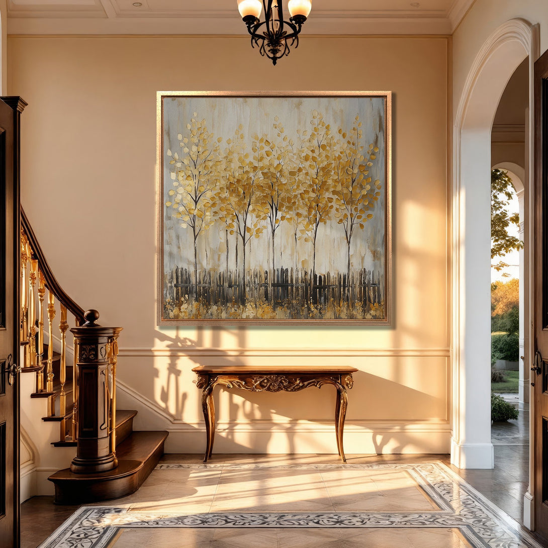 Framed Wall Art: Abstract tree art in gold & gray tones. Modern canvas print adds warmth to a neutral interior. Shop elegant wall decor for your home!