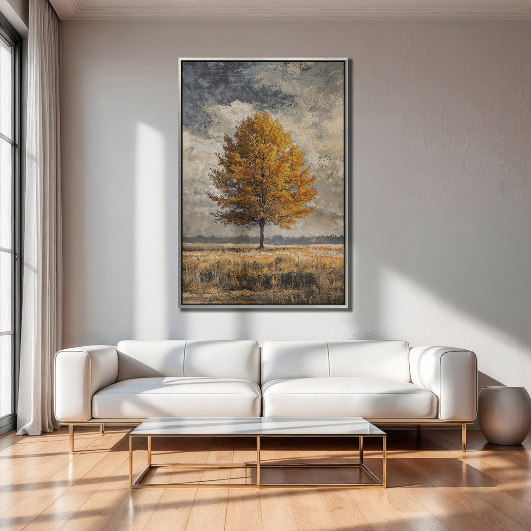 Framed Wall Art: Abstract tree painting in warm gold and grey tones. Adds a touch of nature and elegance to any living room. Shop now!