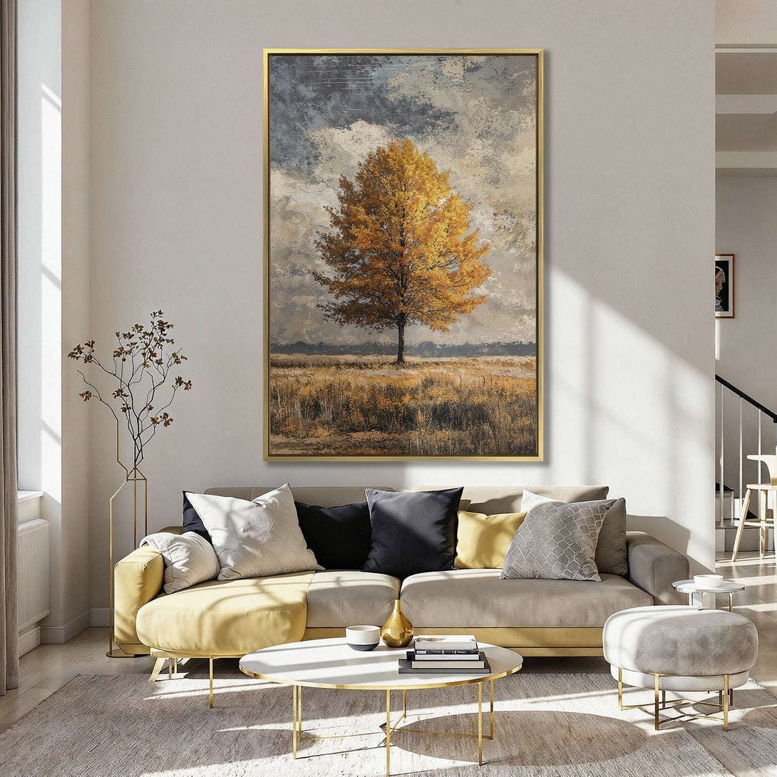 Canvas Print of a golden tree in a field, warm color palette, perfect for adding a touch of nature to your home decor.