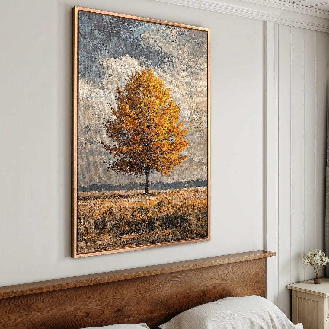 Framed Wall Art: Autumn tree landscape canvas print. Warm yellow and brown tones create a cozy, inviting atmosphere. Perfect for bedroom decor.
