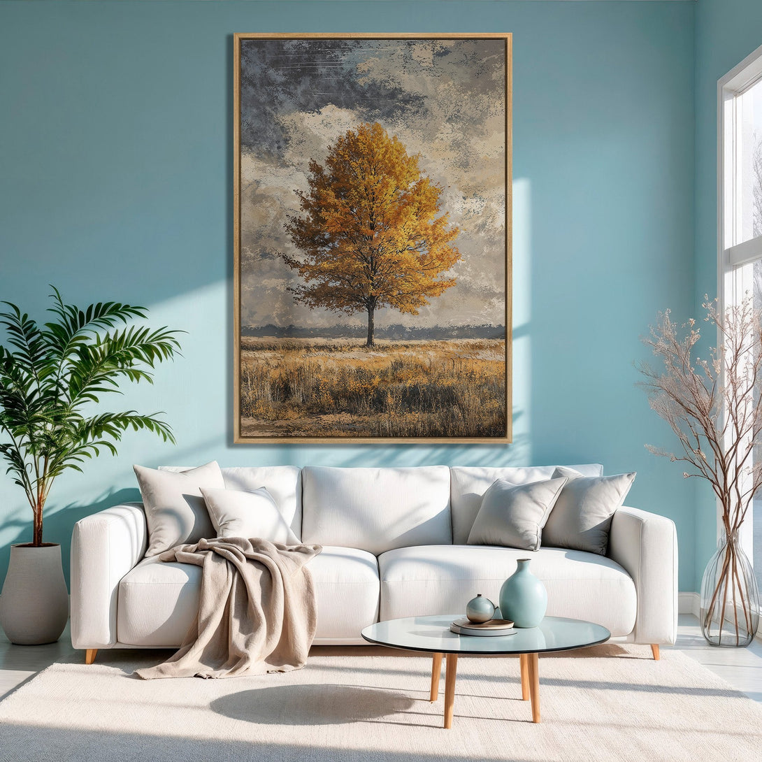 Framed Wall Art: Autumn tree landscape in warm gold and gray tones. Perfect for adding a touch of nature-inspired art to your home decor.