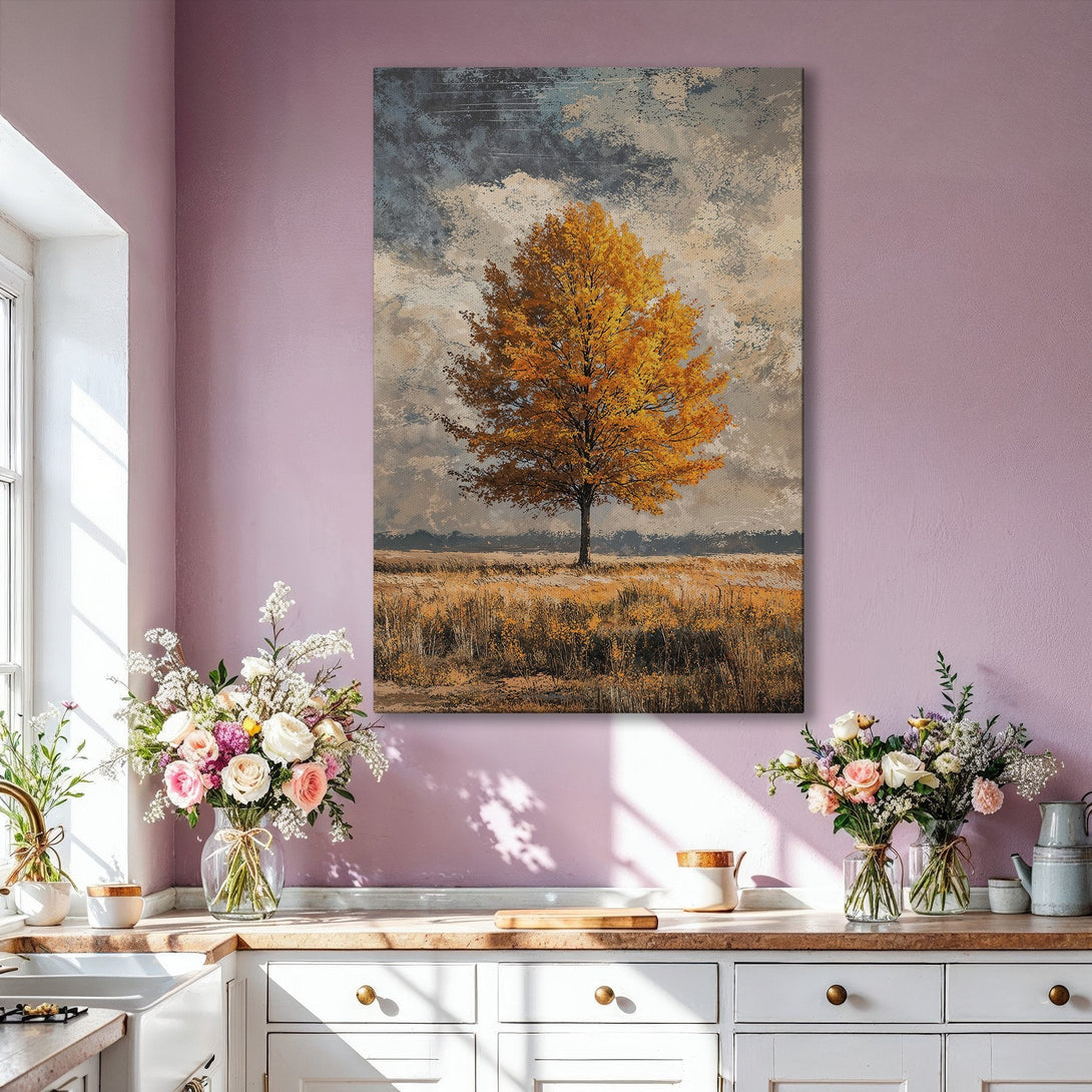 Framed Wall Art: Autumn tree landscape canvas print in warm gold and gray tones, perfect for living room decor.