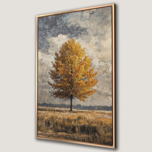 Framed Wall Art featuring a golden tree in a field, with a muted color palette of golds, grays, and browns. Perfect for adding warmth to any space.