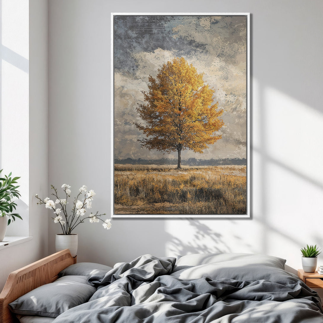 Framed Wall Art: Golden tree landscape canvas print. Earthy tones and a touch of autumn warmth. Perfect for bedroom decor. Shop now!
