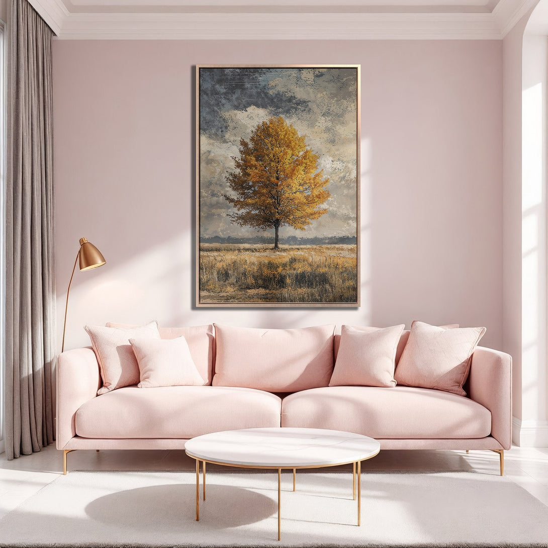 Framed Wall Art: Abstract landscape with a golden tree. Warm, earthy tones of gold, brown, and gray. Perfect for adding a touch of nature to your living room.