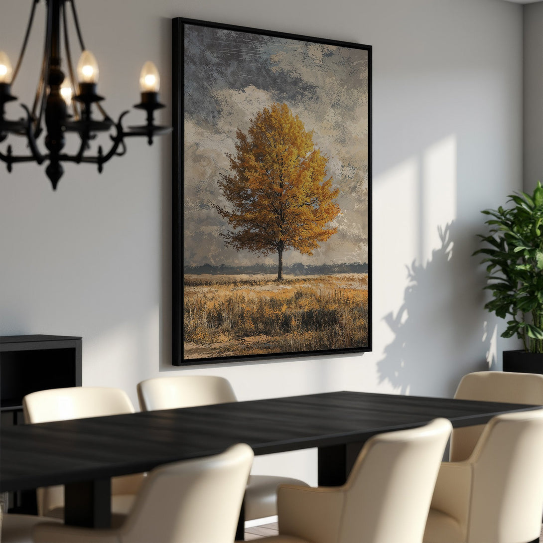 Framed Wall Art: Autumn tree landscape in warm gold & gray tones. Perfect for adding a touch of nature to your dining room! Elevate your space today.