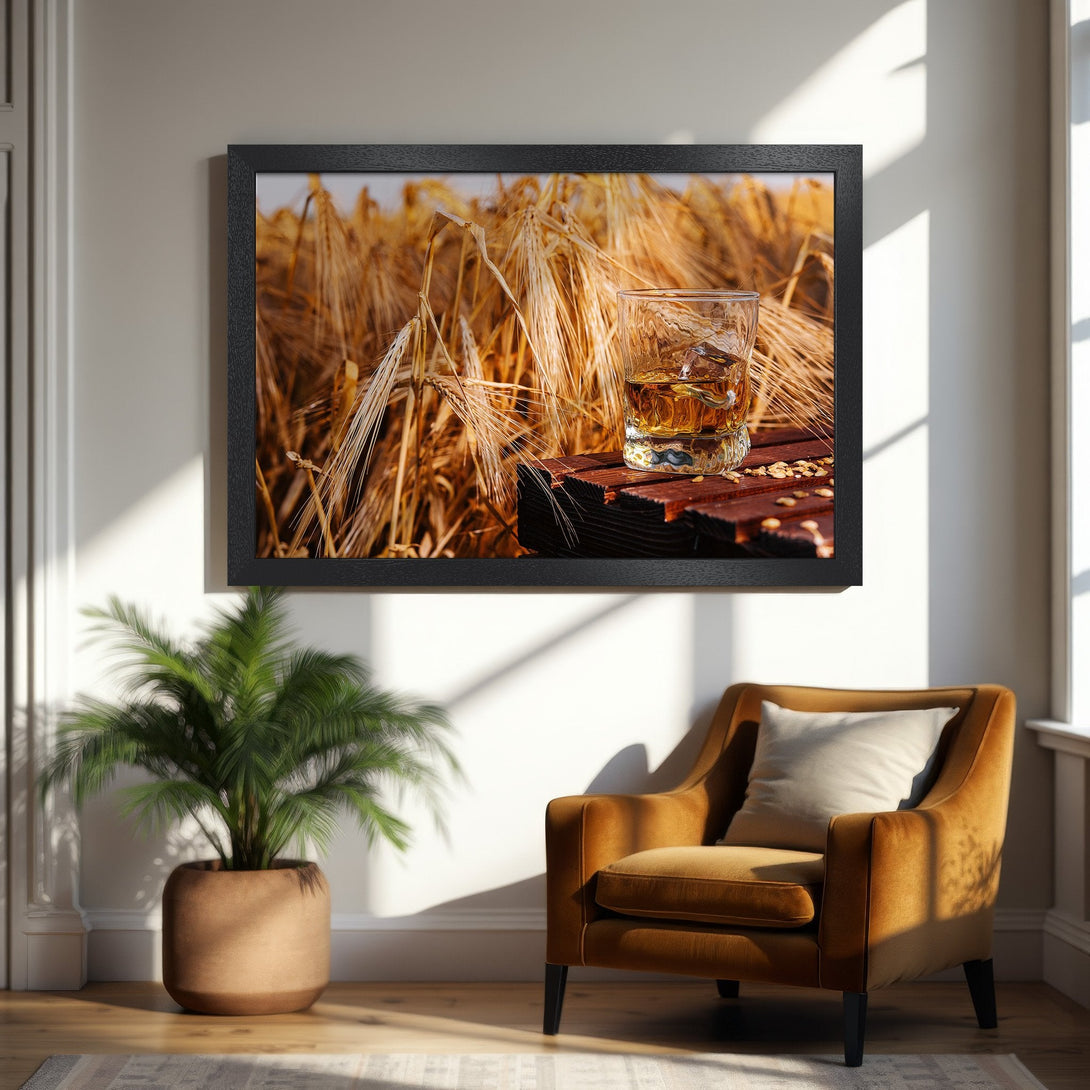 Framed Poster featuring whiskey and wheat field, warm tones, perfect for home decor.