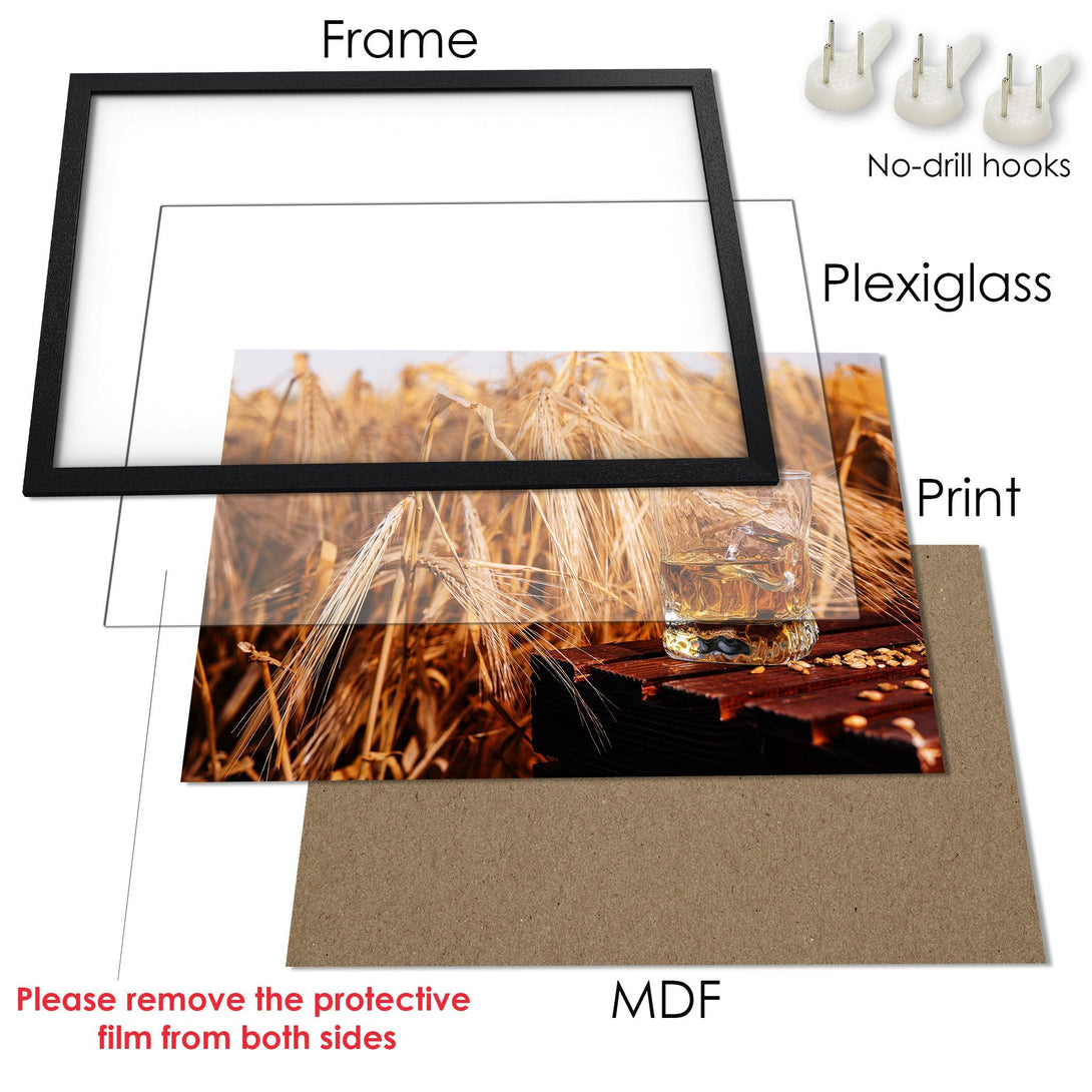 Framed Poster featuring a whiskey glass and wheat field, warm tones, rustic style. Perfect wall art for your home!