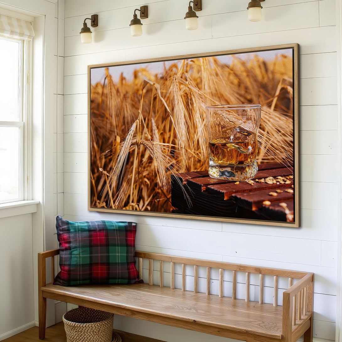 Framed Wall Art: Whiskey glass & wheat field. Rustic style, warm brown & gold tones. Perfect for home decor!