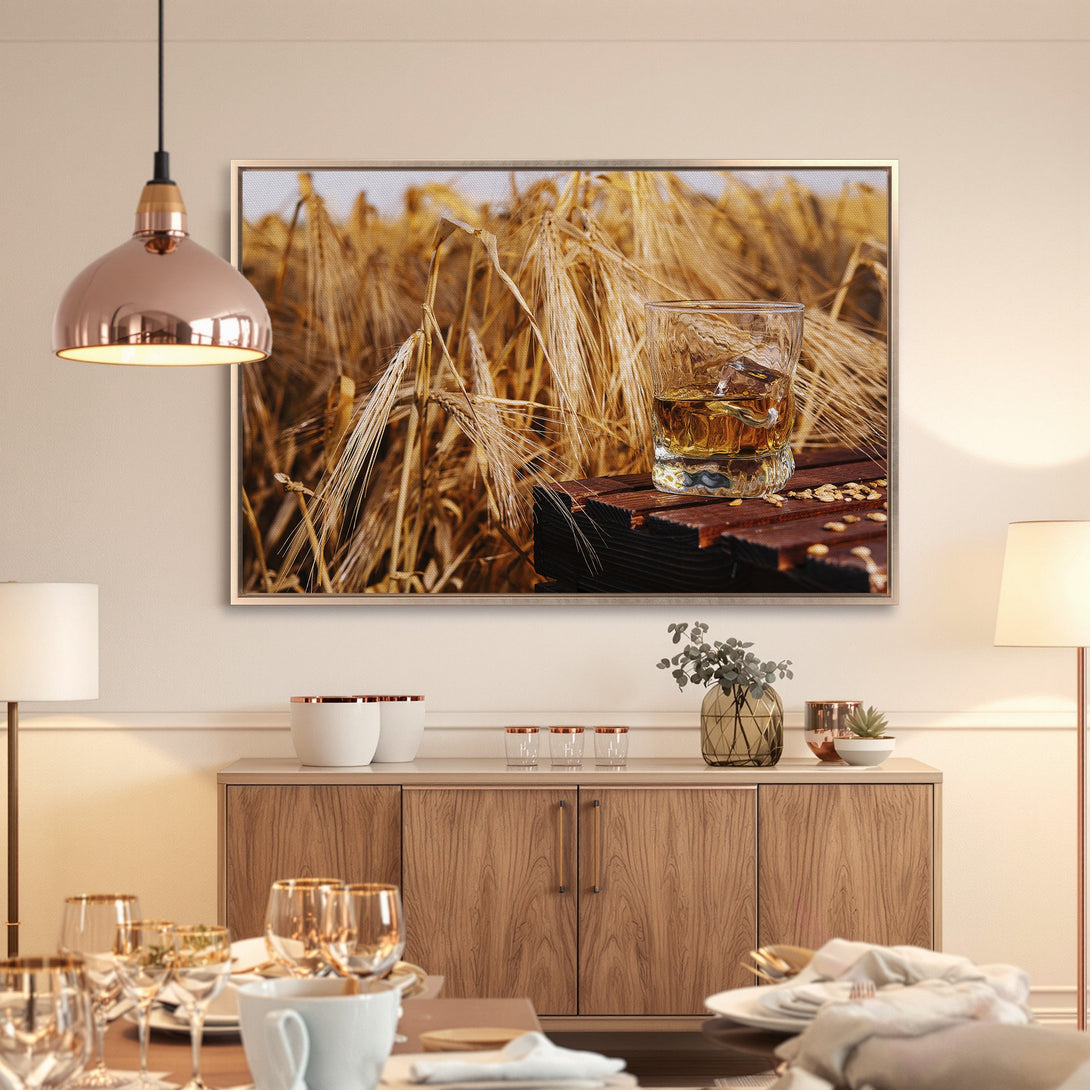Framed Wall Art: Whiskey and wheat field canvas print. Warm, inviting tones for your home decor. Elevate your space with this stunning artwork.