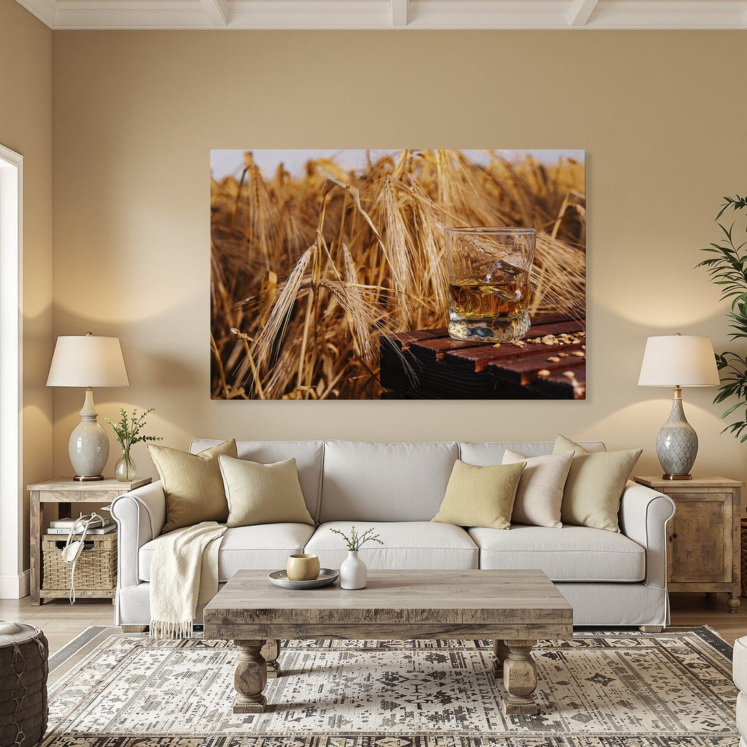 Framed Wall Art featuring a whiskey glass with wheat field background. Warm, inviting color palette. Perfect for adding a touch of rustic elegance to your home.