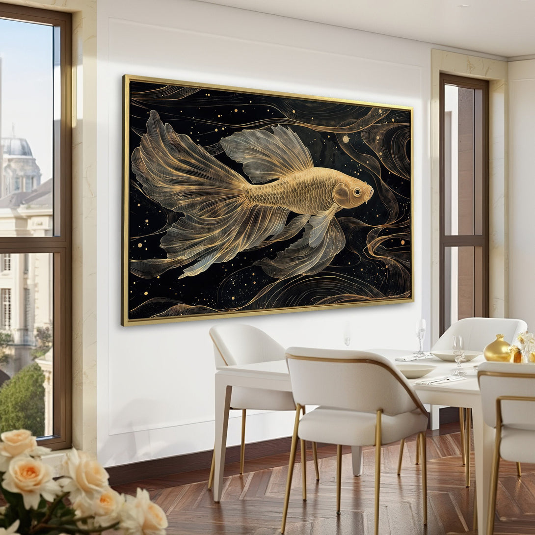 Canvas Print featuring a golden koi fish on a black background. Elegant, minimalist style with a gold and black color palette. Perfect wall art.