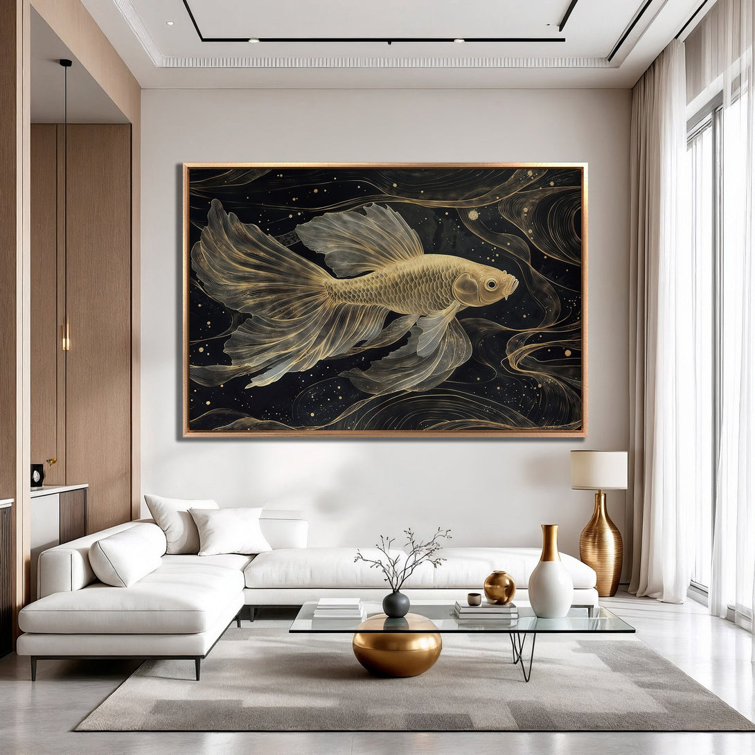 Framed Wall Art: Gold fish art print in a modern interior. Elegant, abstract style with black and gold color palette. Perfect for home decor.