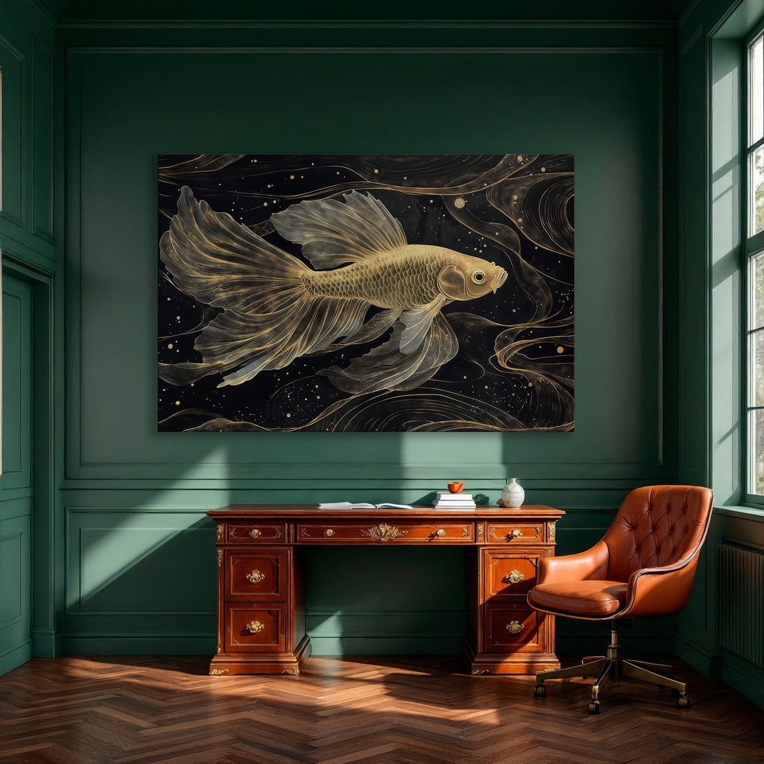Framed Wall Art: Elegant gold fish art print on black background. Modern style, perfect for dining room decor. Gold and black color palette.