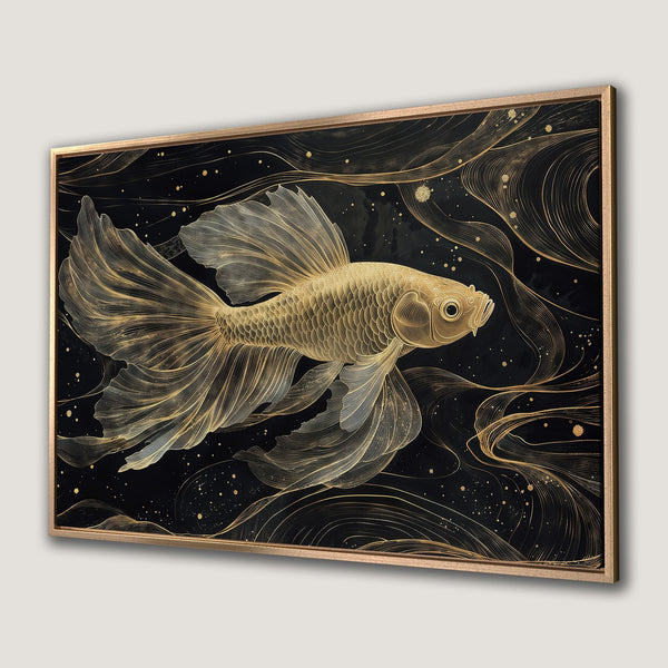 Framed Wall Art: Elegant gold fish illustration on black background. Modern art print with a luxurious gold and black color palette. Perfect for any room.