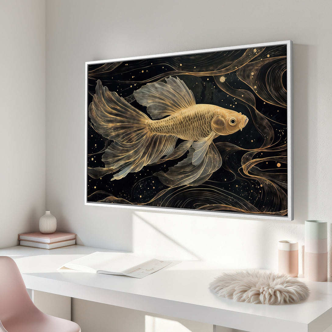 Framed Wall Art: Elegant gold fish illustration on black background. Modern Canvas Print with a luxurious, minimalist aesthetic. Perfect for home decor.