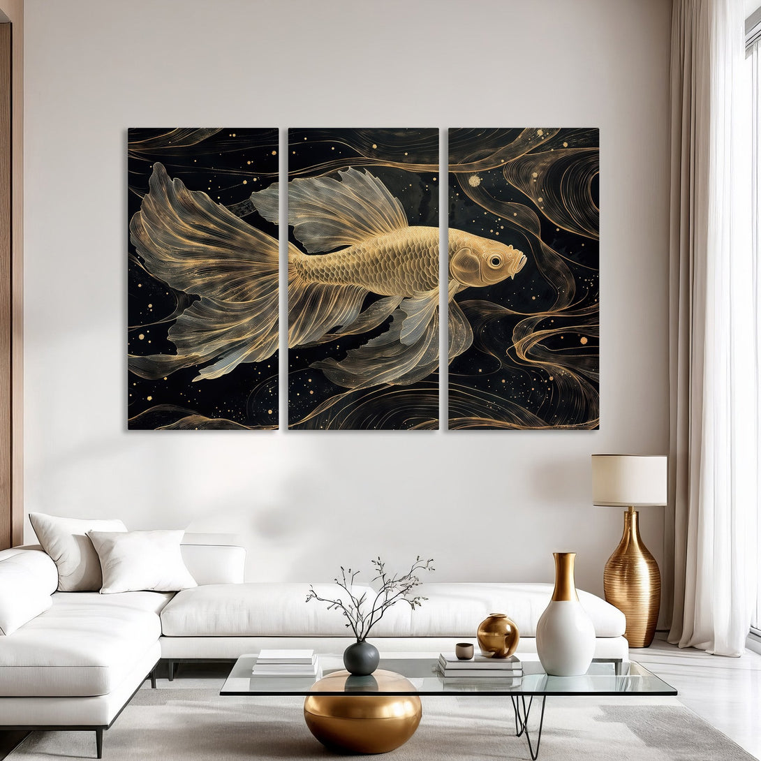 Gold Koi Fish Canvas Print in a modern interior. Elegant, abstract artwork with black and gold color palette. Perfect wall decor.