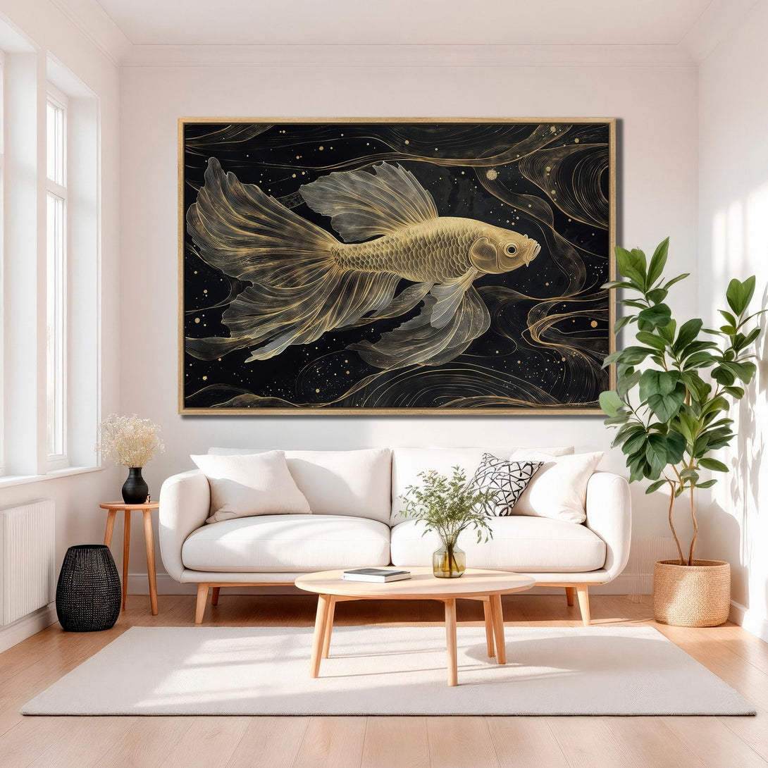 Framed Wall Art: Gold fish illustration on black background. Elegant, modern Canvas Print with a luxurious gold and black color palette. Perfect for home decor.