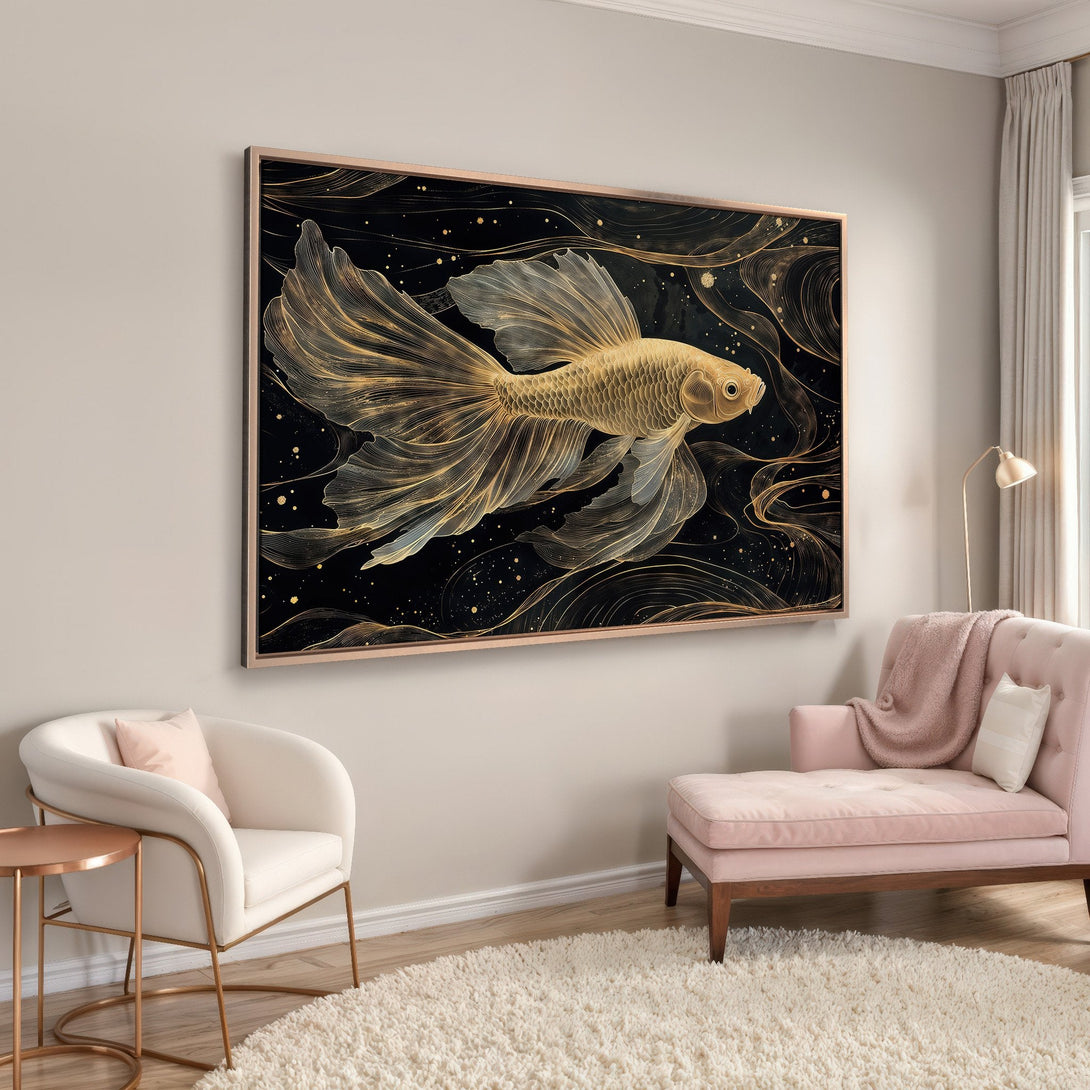 Framed Wall Art: Elegant gold fish illustration on black canvas. Modern art with a touch of luxury, perfect for living room decor.