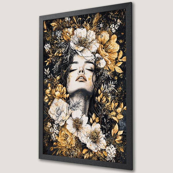 Framed Poster of a woman surrounded by flowers in a gold and black color palette. Elegant art print for home decor.