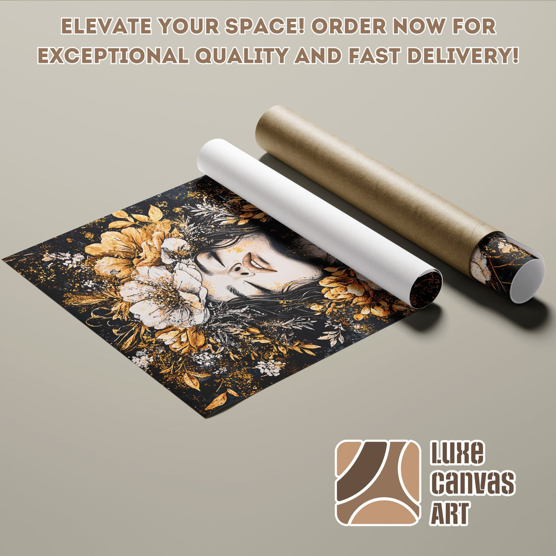Poster Roll featuring a woman with floral art in black, white, and gold. Elevate your space with this stunning art poster!