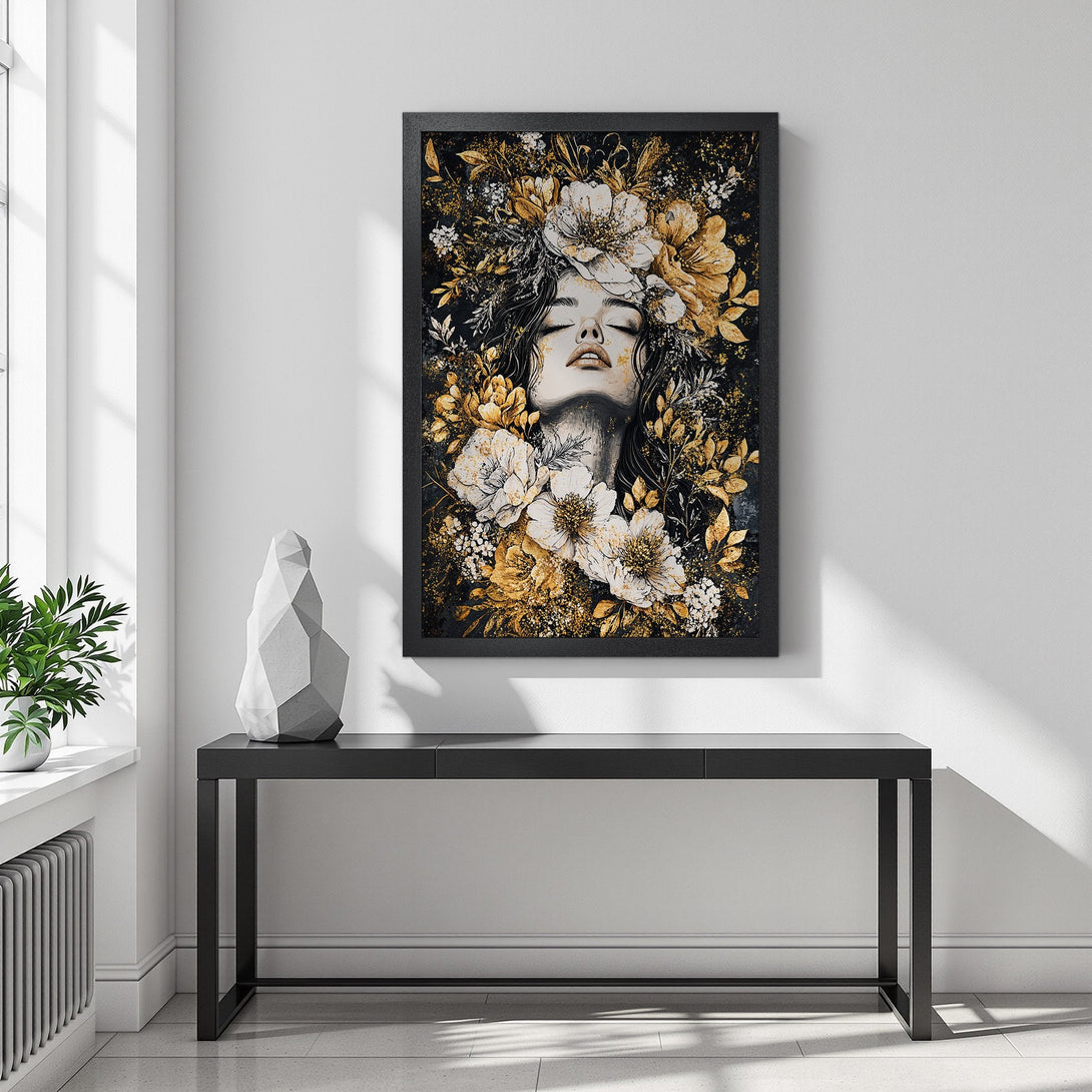 Framed Poster featuring a woman with floral crown, artistic style, gold and black color palette. Elevate your space!
