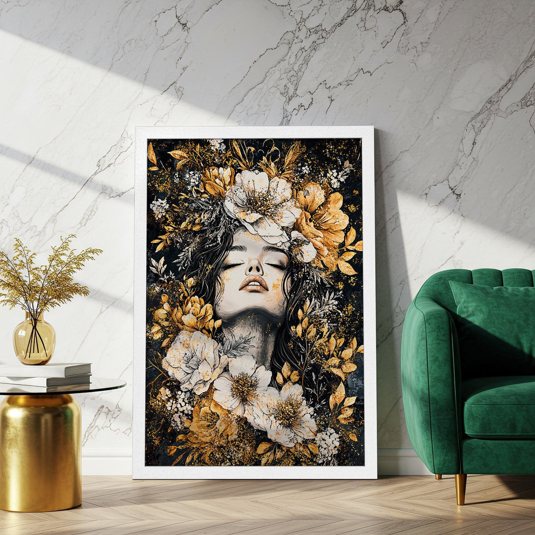 Framed Poster featuring a woman with floral crown, artistic style, gold & black color palette. Perfect wall art for your home.
