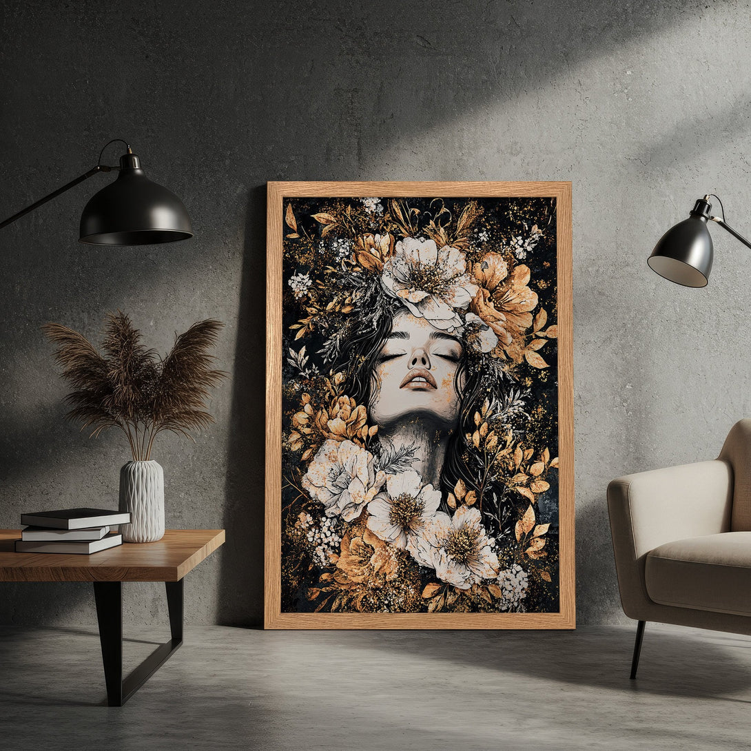 Framed Poster featuring a woman with floral crown, elegant art in gold and black tones. Perfect wall decor!