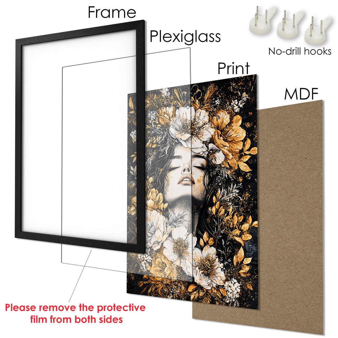Framed Poster featuring a woman with floral elements, in a black, gold, and white color palette. A beautiful piece of wall art!