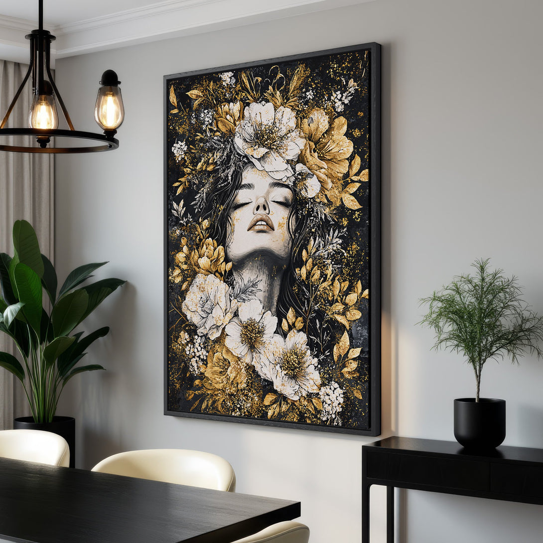 Framed Wall Art featuring a woman with floral crown. Modern art style with a black, gold, and white color palette. Perfect for living room decor.