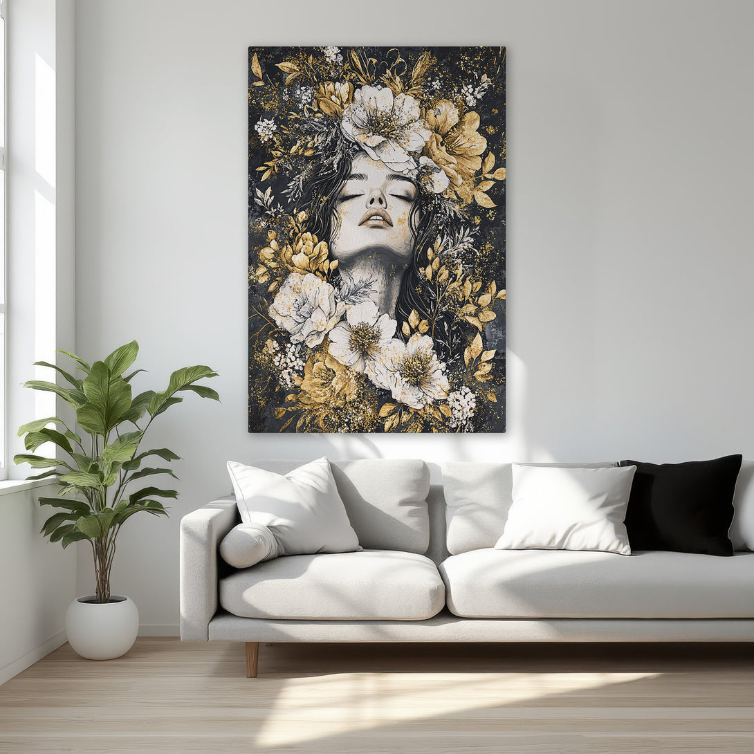 Framed Wall Art featuring a woman with floral crown, black & gold palette. Perfect for adding elegance to your bedroom decor. Shop now!