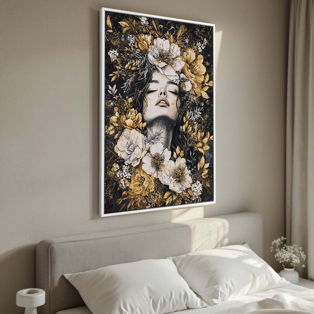 Framed Wall Art featuring a woman with floral crown. Gold, black, and white color palette. Perfect bedroom decor.