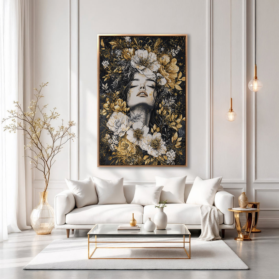 Framed Wall Art: Elegant woman with floral crown. Black, gold, and white color palette. Modern Canvas Print for living room decor.
