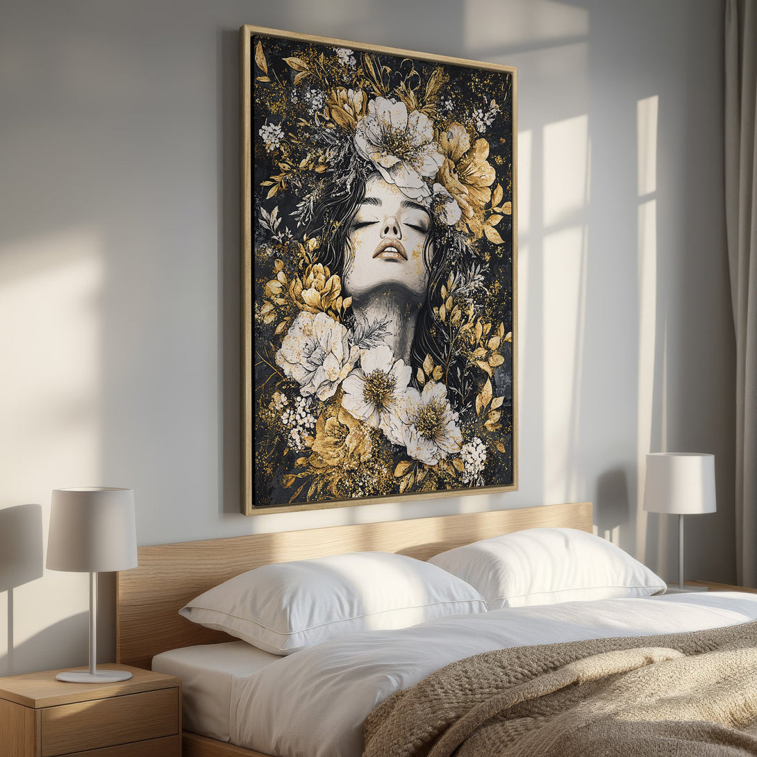 Framed Wall Art: Elegant woman portrait with floral crown. Black, gold, and white color palette. Perfect for bedroom decor. Shop now!