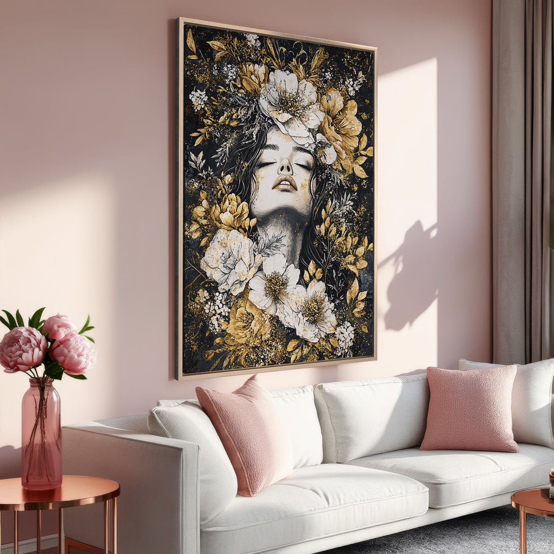 Framed Wall Art: Elegant woman portrait with floral headdress. Black, gold, and white color palette. Perfect for adding a touch of sophistication to your home.