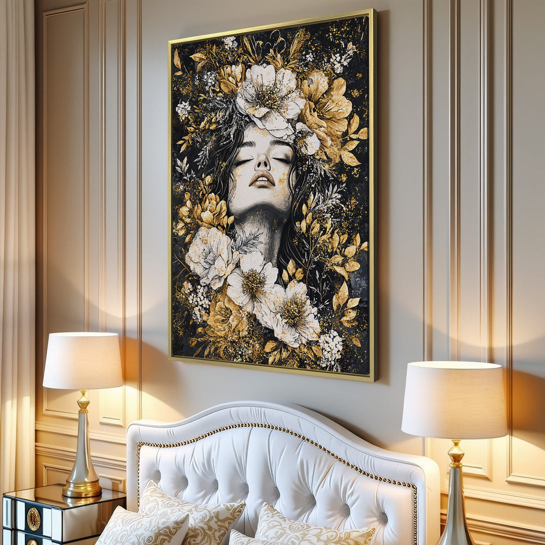 Canvas Print featuring a woman with floral crown in a modern style, with a gold, white, and black color palette. Perfect wall art decor.