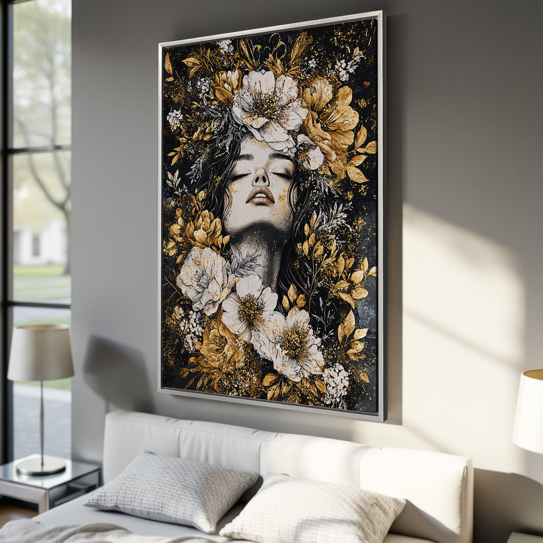 Framed Wall Art: Elegant woman portrait with floral crown, gold and black color palette. Perfect for bedroom decor. Shop now!