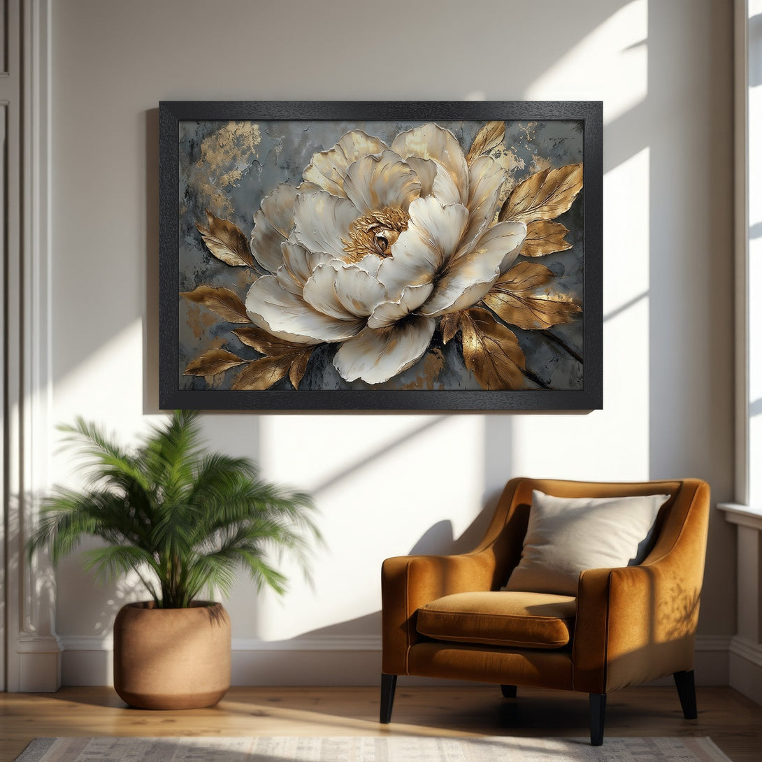 Framed Poster featuring a detailed white and gold floral design on a gray background. Elegant, modern art with a warm color palette.