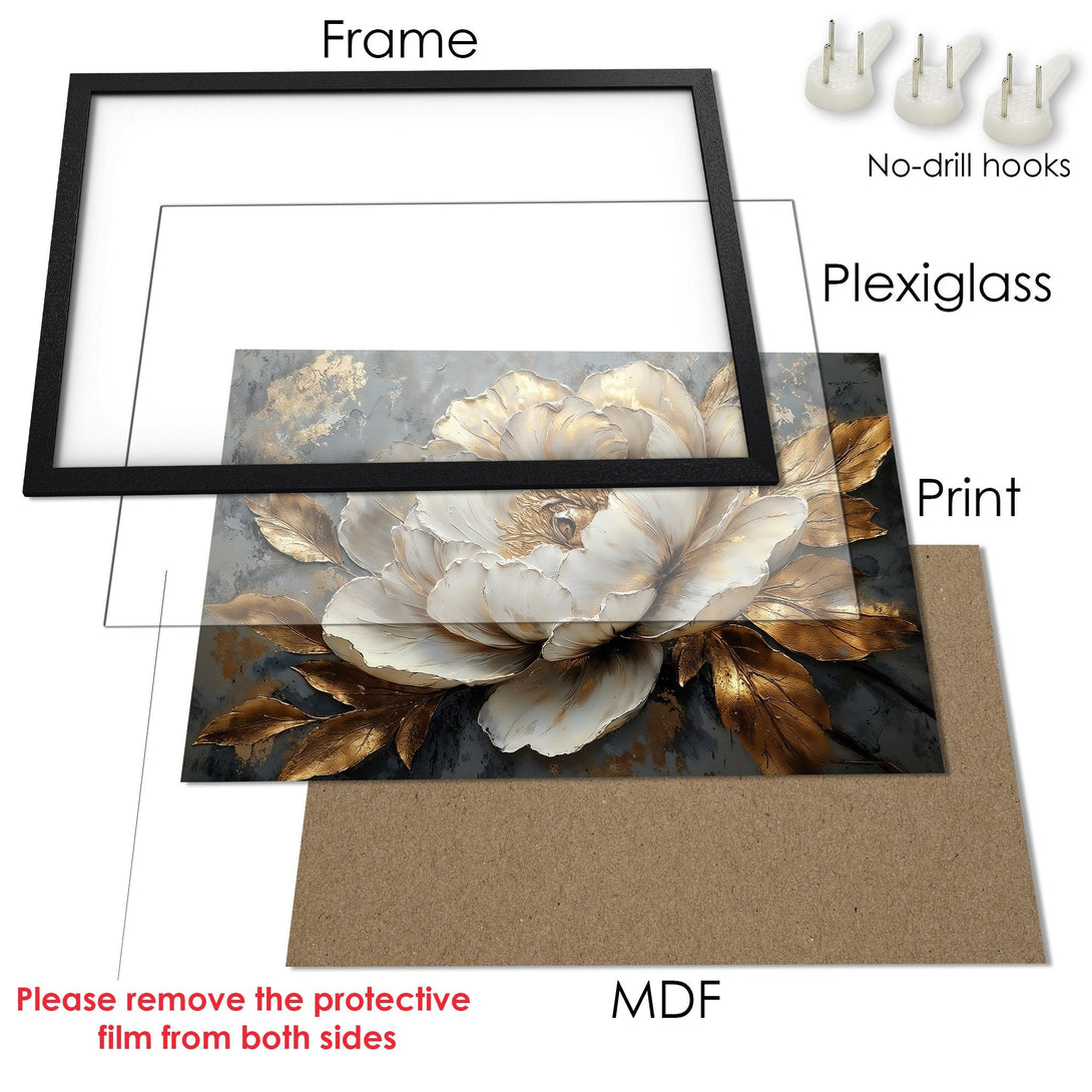 Framed Poster featuring a floral art print with gold and neutral tones. Elegant wall art, perfect for home decor.