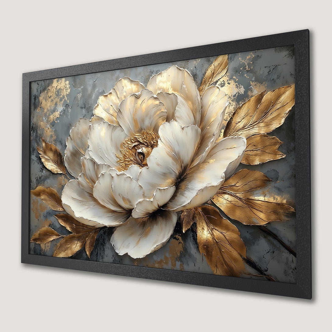 Framed Poster featuring a stunning white and gold flower with a textured, artistic style. Elegant decor with a grey and gold color palette.