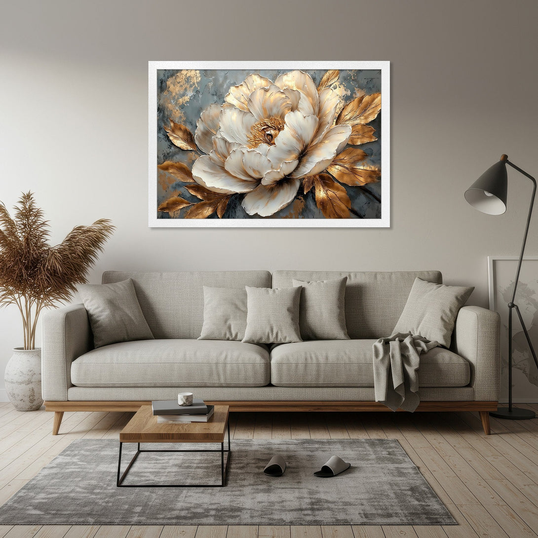 Framed Poster featuring a stunning white and gold floral design. Elegant style with a neutral and gold color palette. Perfect wall art!