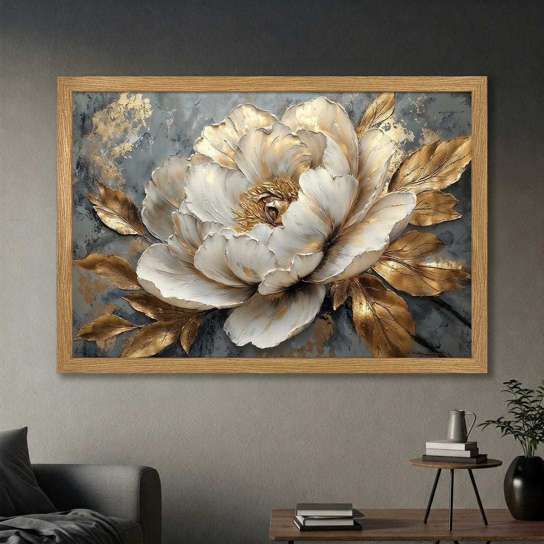 Framed Poster featuring a stunning white and gold floral design on a gray background. Elegant wall art.