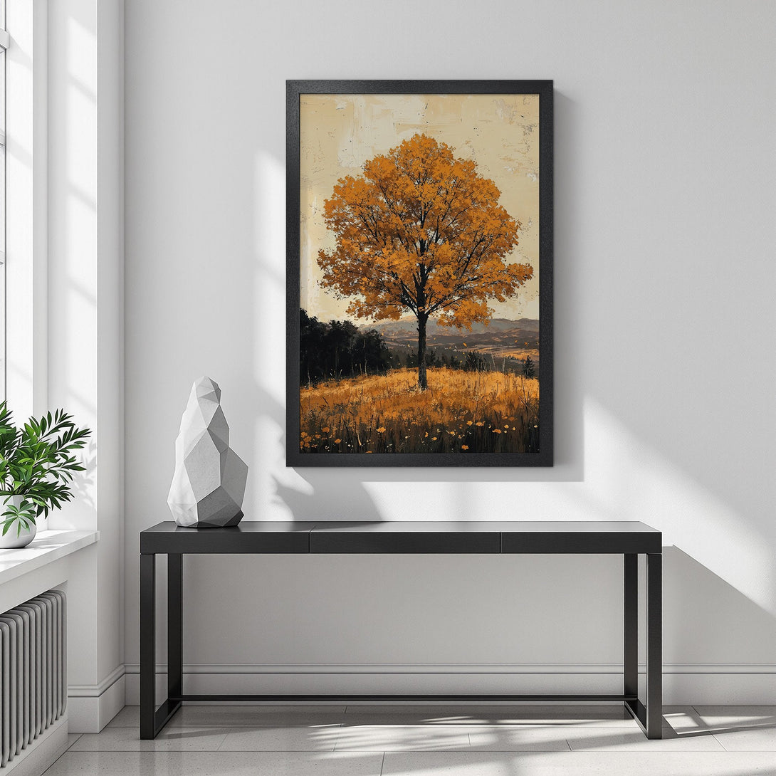 Framed Poster featuring an autumn tree landscape in warm orange and beige tones. Perfect wall art for a cozy home!